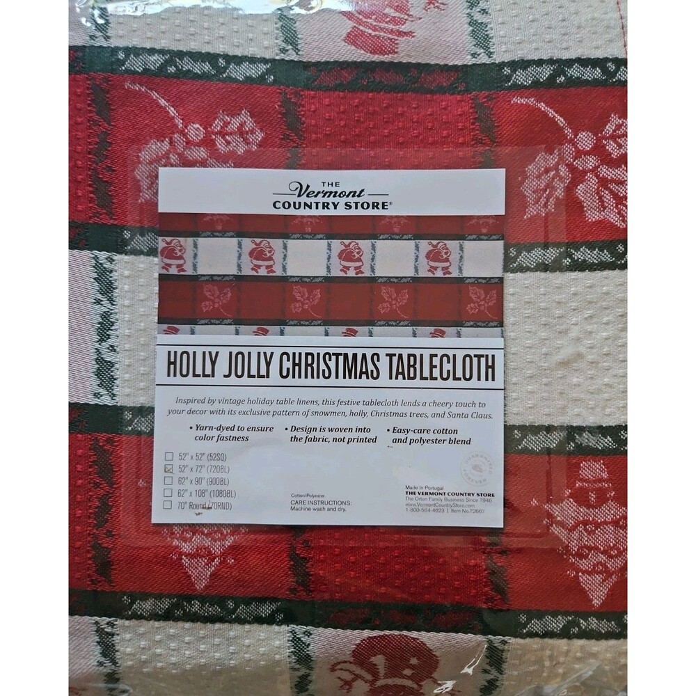 NEW Vermont Country Store Holly Jolly Christmas Tablecloth Oblong 52x72